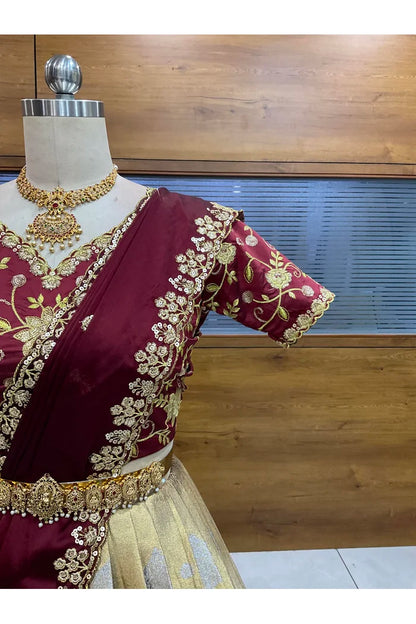 Beautiful South Indian Style Half Saree with Embroidery Work Blouse and Dupatta for Women | Ekta