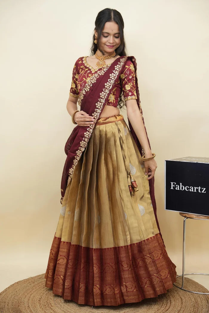 Beautiful South Indian Style Half Saree with Embroidery Work Blouse and Dupatta for Women | Ekta KV