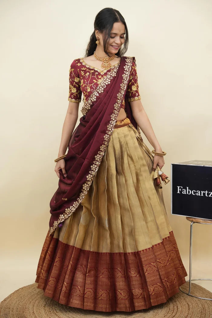 Beautiful South Indian Style Half Saree with Embroidery Work Blouse and Dupatta for Women | Ekta KV