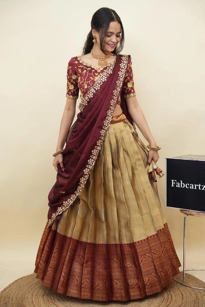 Beautiful South Indian Style Half Saree with Embroidery Work Blouse and Dupatta for Women | Ekta KV