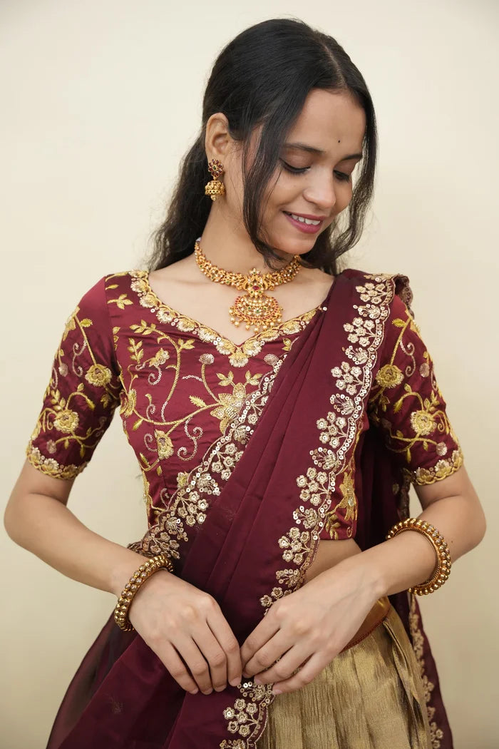 Beautiful South Indian Style Half Saree with Embroidery Work Blouse and Dupatta for Women | Ekta KV