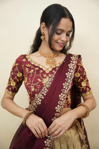 Beautiful South Indian Style Half Saree with Embroidery Work Blouse and Dupatta for Women | Ekta KV