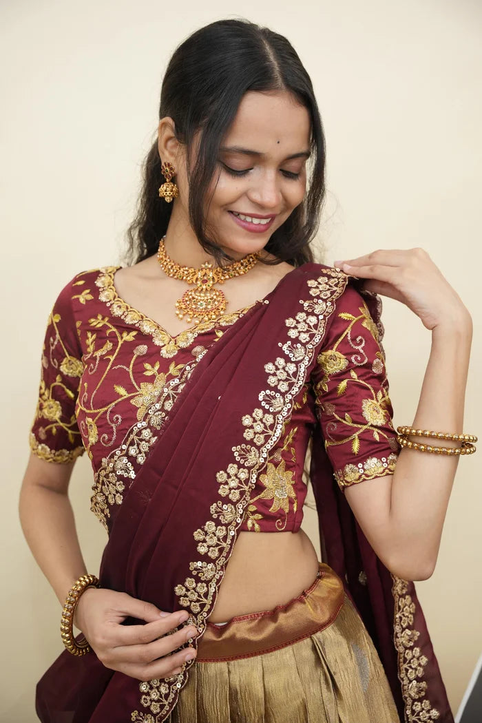 Beautiful South Indian Style Half Saree with Embroidery Work Blouse and Dupatta for Women | Ekta KV