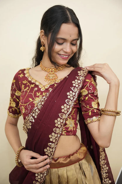 Beautiful South Indian Style Half Saree with Embroidery Work Blouse and Dupatta for Women | Ekta KV