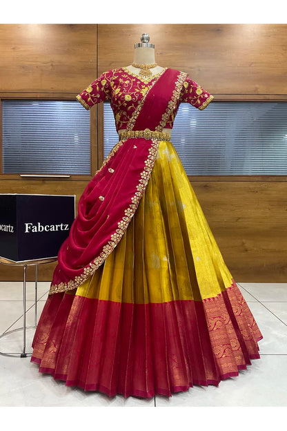 Beautiful South Indian Style Half Saree with Embroidery Work Blouse and Dupatta for Women | Ekta