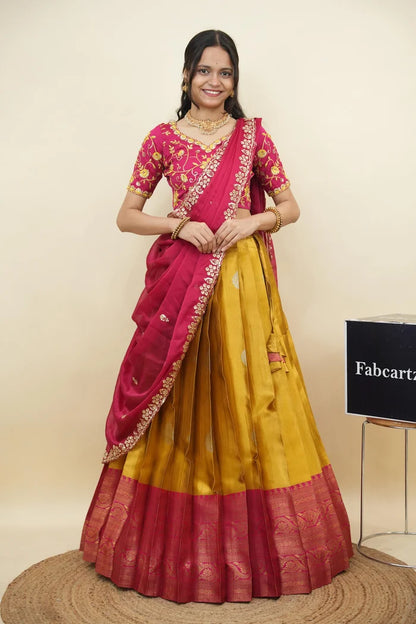 Beautiful South Indian Style Half Saree with Embroidery Work Blouse and Dupatta for Women | Ekta KV