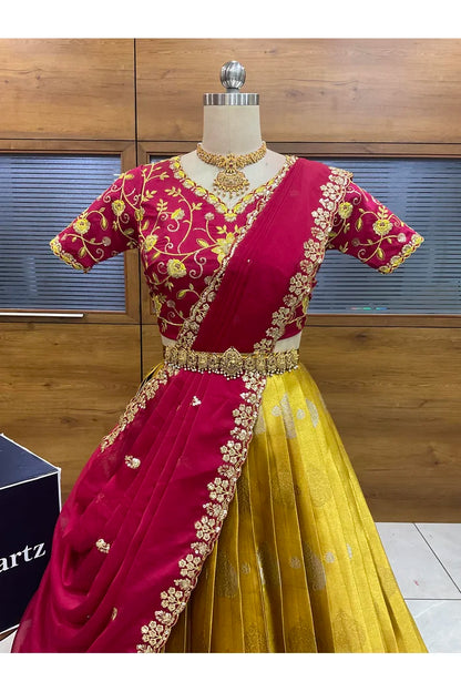 Beautiful South Indian Style Half Saree with Embroidery Work Blouse and Dupatta for Women | Ekta