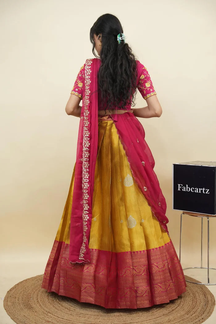 Beautiful South Indian Style Half Saree with Embroidery Work Blouse and Dupatta for Women | Ekta KV