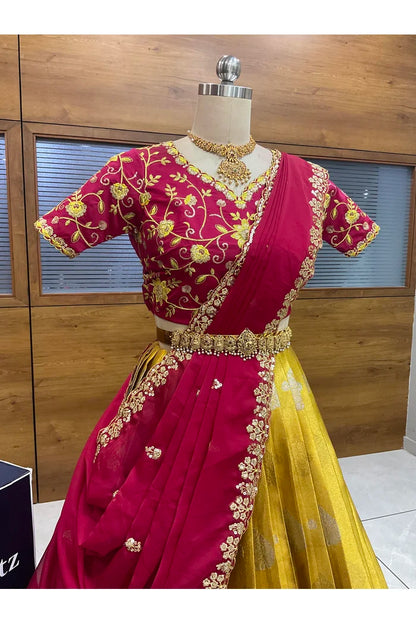 Beautiful South Indian Style Half Saree with Embroidery Work Blouse and Dupatta for Women | Ekta