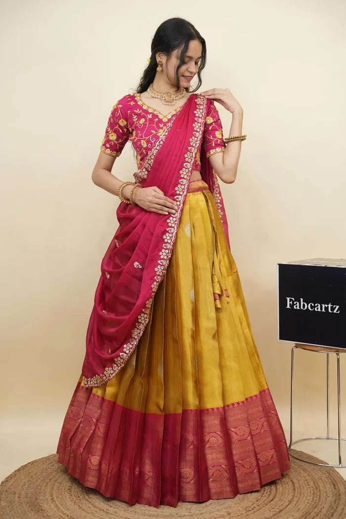 Beautiful South Indian Style Half Saree with Embroidery Work Blouse and Dupatta for Women | Ekta KV