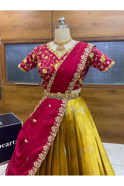 Beautiful South Indian Style Half Saree with Embroidery Work Blouse and Dupatta for Women | Ekta