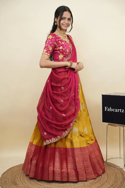Beautiful South Indian Style Half Saree with Embroidery Work Blouse and Dupatta for Women | Ekta KV