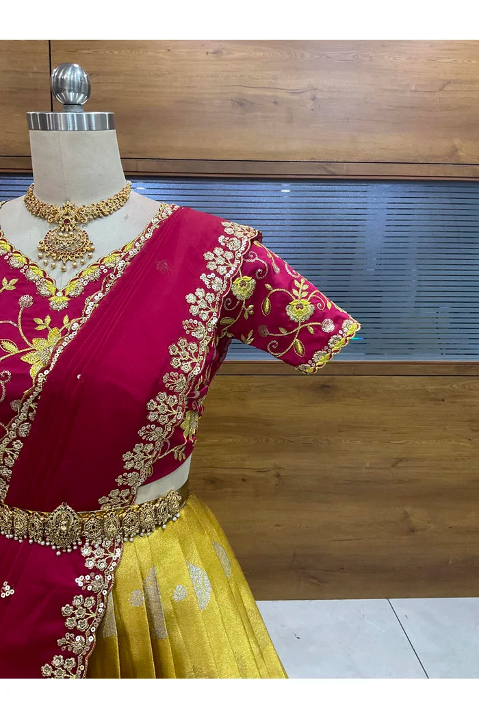 Beautiful South Indian Style Half Saree with Embroidery Work Blouse and Dupatta for Women | Ekta