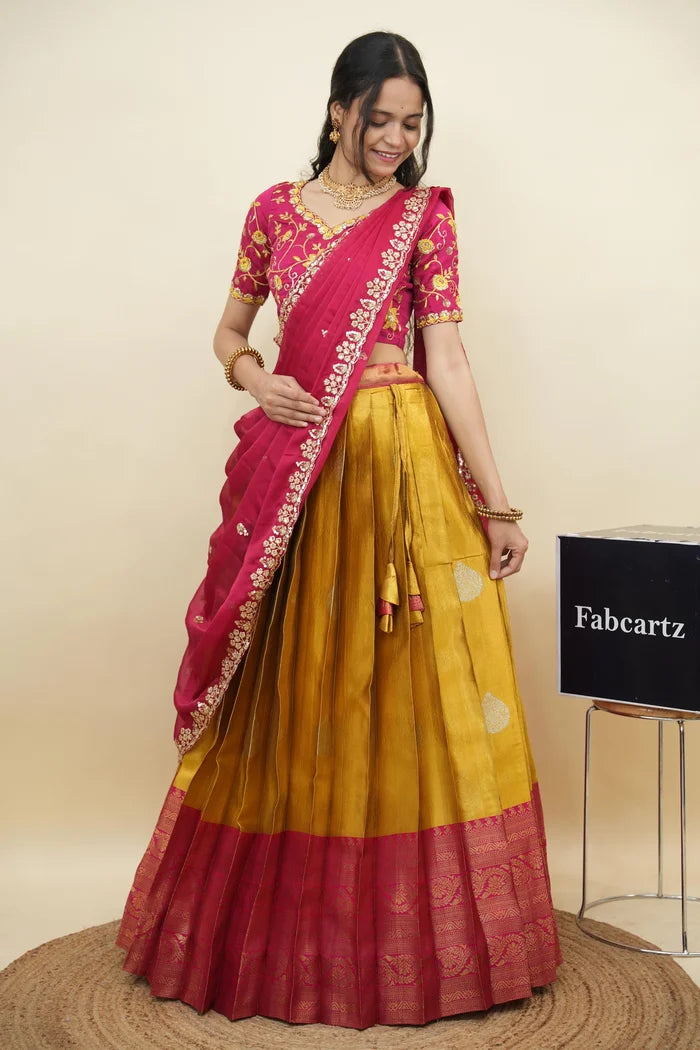 Beautiful South Indian Style Half Saree with Embroidery Work Blouse and Dupatta for Women | Ekta KV