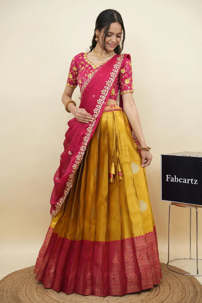 Beautiful South Indian Style Half Saree with Embroidery Work Blouse and Dupatta for Women | Ekta KV
