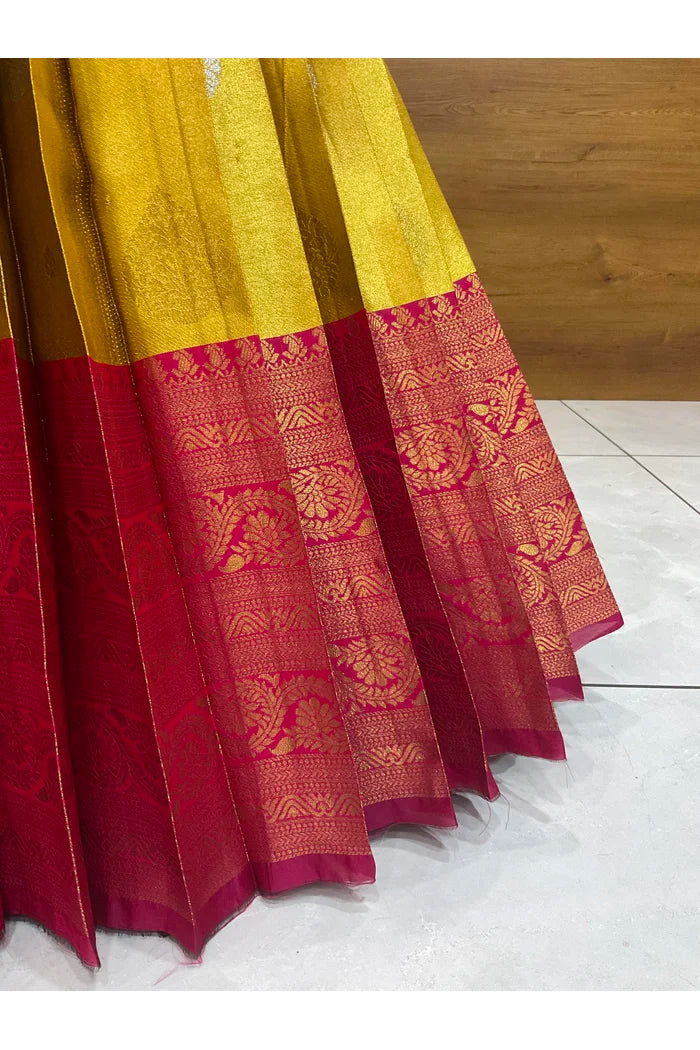 Beautiful South Indian Style Half Saree with Embroidery Work Blouse and Dupatta for Women | Ekta
