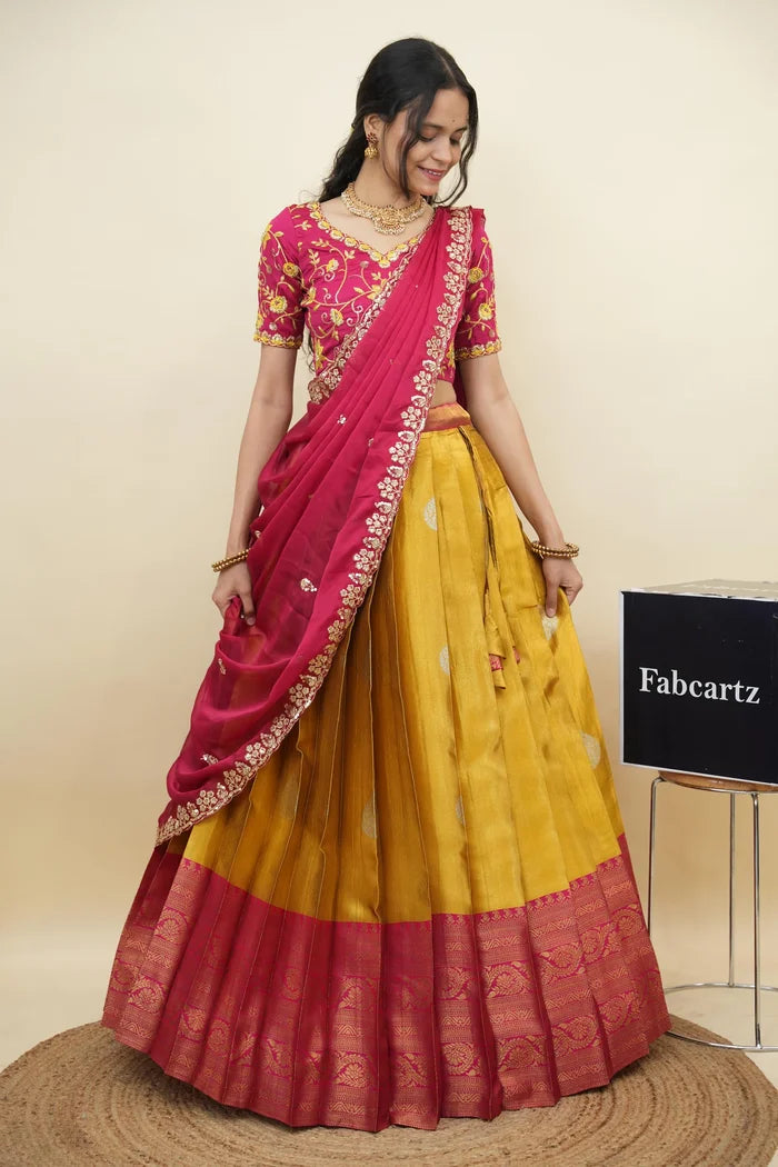 Beautiful South Indian Style Half Saree with Embroidery Work Blouse and Dupatta for Women | Ekta KV