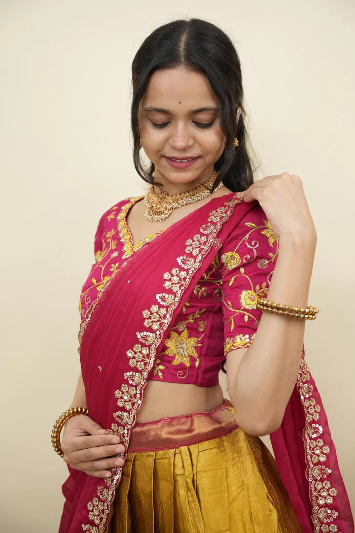 Beautiful South Indian Style Half Saree with Embroidery Work Blouse and Dupatta for Women | Ekta KV