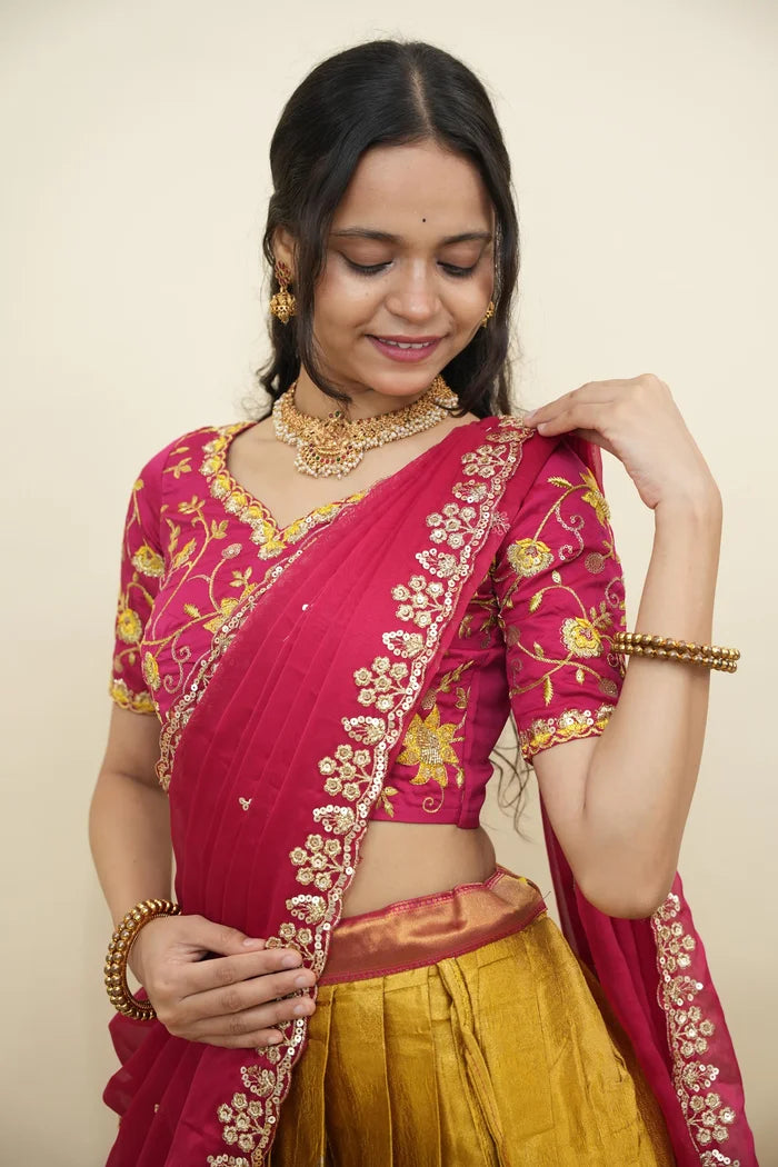 Beautiful South Indian Style Half Saree with Embroidery Work Blouse and Dupatta for Women | Ekta KV