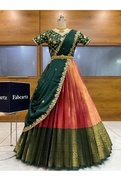 Beautiful South Indian Style Half Saree with Embroidery Work Blouse and Dupatta for Women | Ekta
