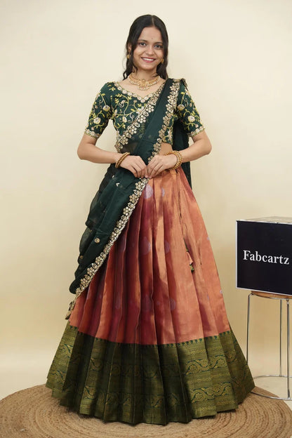 Beautiful South Indian Style Half Saree with Embroidery Work Blouse and Dupatta for Women | Ekta KV