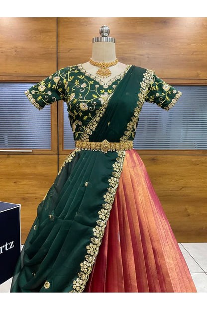 Beautiful South Indian Style Half Saree with Embroidery Work Blouse and Dupatta for Women | Ekta