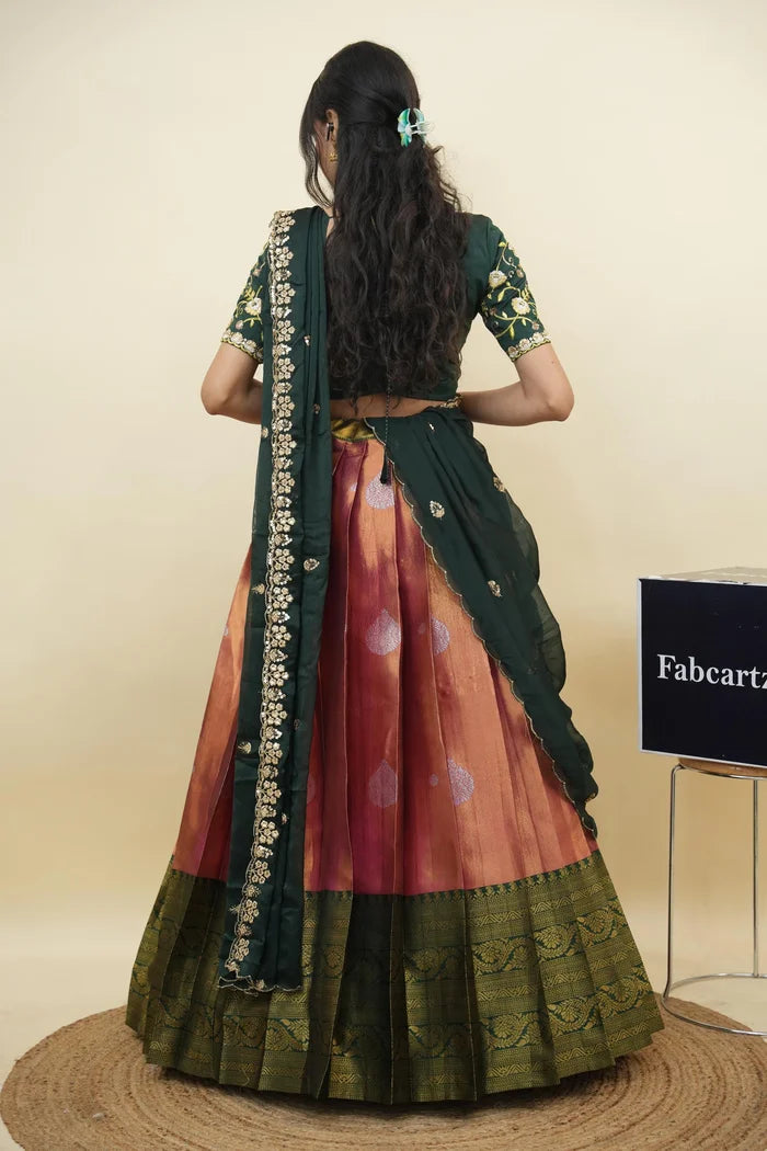 Beautiful South Indian Style Half Saree with Embroidery Work Blouse and Dupatta for Women | Ekta KV
