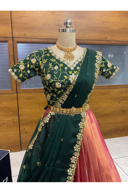 Beautiful South Indian Style Half Saree with Embroidery Work Blouse and Dupatta for Women | Ekta