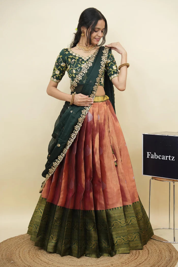 Beautiful South Indian Style Half Saree with Embroidery Work Blouse and Dupatta for Women | Ekta KV