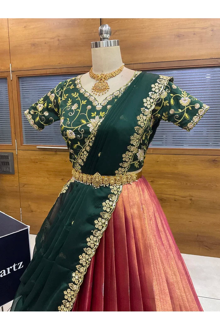 Beautiful South Indian Style Half Saree with Embroidery Work Blouse and Dupatta for Women | Ekta