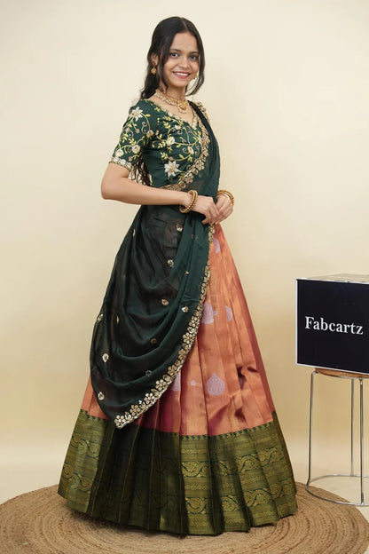 Beautiful South Indian Style Half Saree with Embroidery Work Blouse and Dupatta for Women | Ekta KV