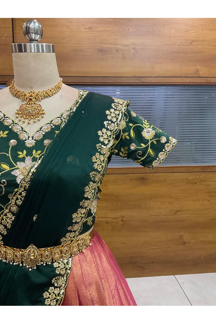 Beautiful South Indian Style Half Saree with Embroidery Work Blouse and Dupatta for Women | Ekta