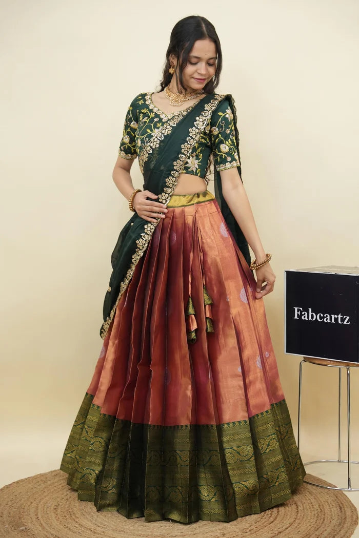 Beautiful South Indian Style Half Saree with Embroidery Work Blouse and Dupatta for Women | Ekta KV