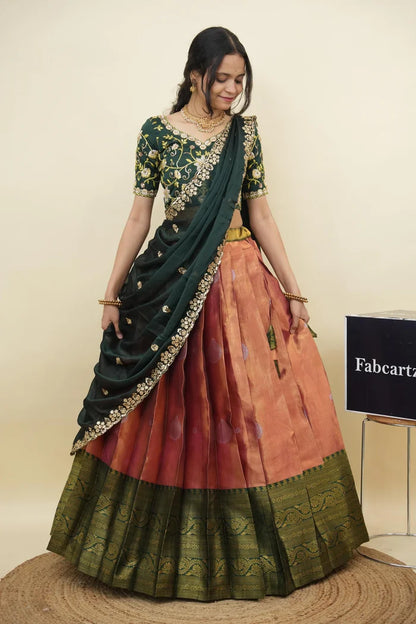 Beautiful South Indian Style Half Saree with Embroidery Work Blouse and Dupatta for Women | Ekta KV