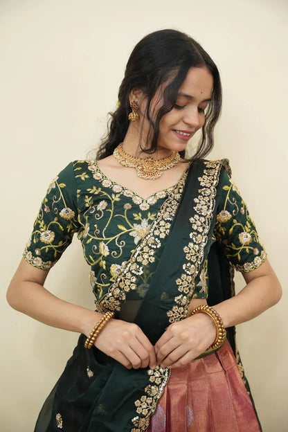 Beautiful South Indian Style Half Saree with Embroidery Work Blouse and Dupatta for Women | Ekta KV