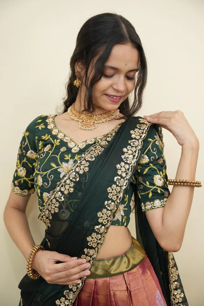 Beautiful South Indian Style Half Saree with Embroidery Work Blouse and Dupatta for Women | Ekta KV