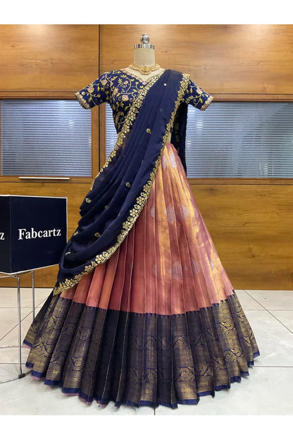 Beautiful South Indian Style Half Saree with Embroidery Work Blouse and Dupatta for Women | Ekta