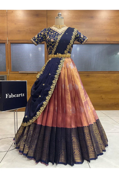 Beautiful South Indian Style Half Saree with Embroidery Work Blouse and Dupatta for Women | Ekta