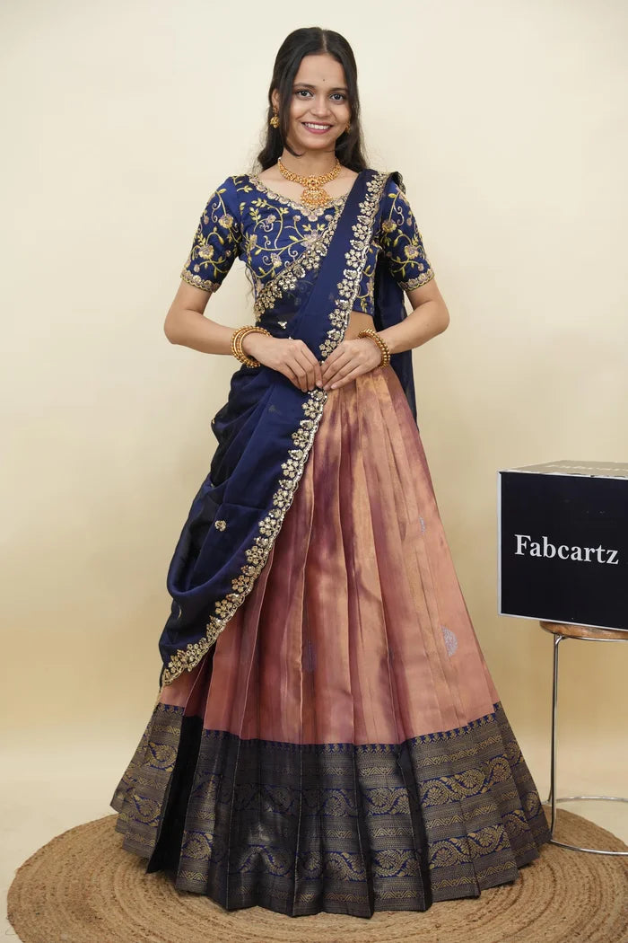 Beautiful South Indian Style Half Saree with Embroidery Work Blouse and Dupatta for Women | Ekta KV