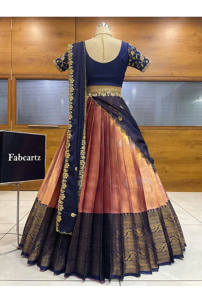 Beautiful South Indian Style Half Saree with Embroidery Work Blouse and Dupatta for Women | Ekta