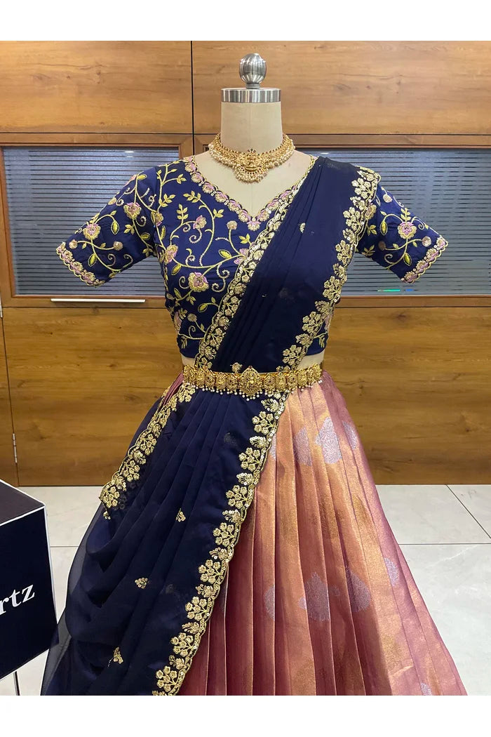 Beautiful South Indian Style Half Saree with Embroidery Work Blouse and Dupatta for Women | Ekta