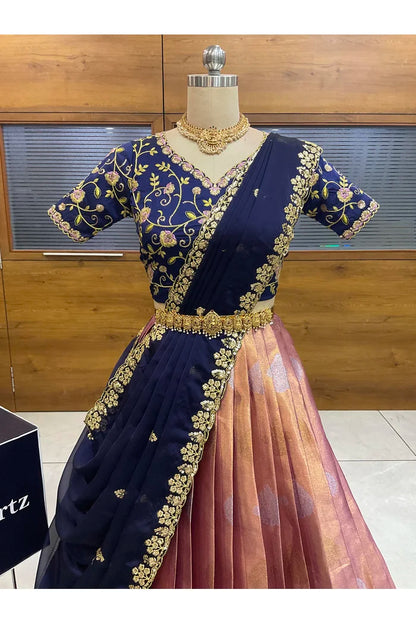 Beautiful South Indian Style Half Saree with Embroidery Work Blouse and Dupatta for Women | Ekta