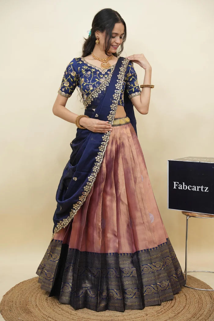 Beautiful South Indian Style Half Saree with Embroidery Work Blouse and Dupatta for Women | Ekta KV