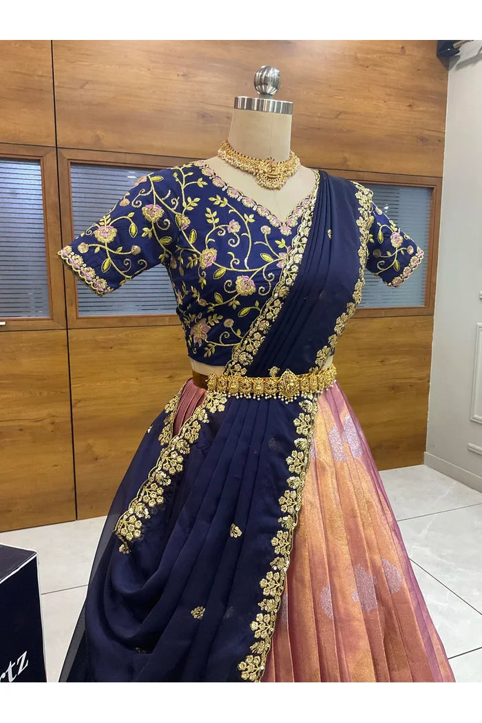 Beautiful South Indian Style Half Saree with Embroidery Work Blouse and Dupatta for Women | Ekta
