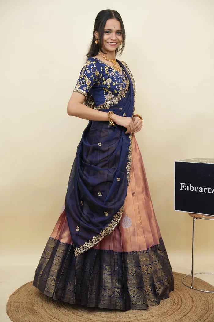 Beautiful South Indian Style Half Saree with Embroidery Work Blouse and Dupatta for Women | Ekta KV