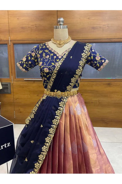 Beautiful South Indian Style Half Saree with Embroidery Work Blouse and Dupatta for Women | Ekta