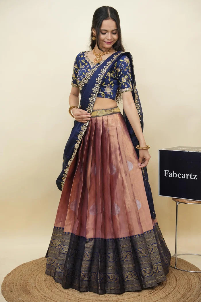 Beautiful South Indian Style Half Saree with Embroidery Work Blouse and Dupatta for Women | Ekta KV