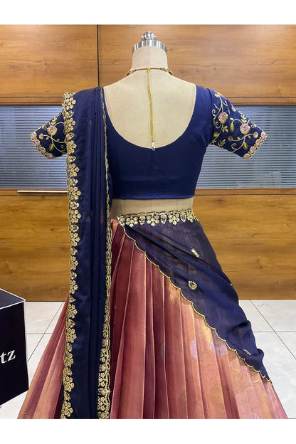 Beautiful South Indian Style Half Saree with Embroidery Work Blouse and Dupatta for Women | Ekta