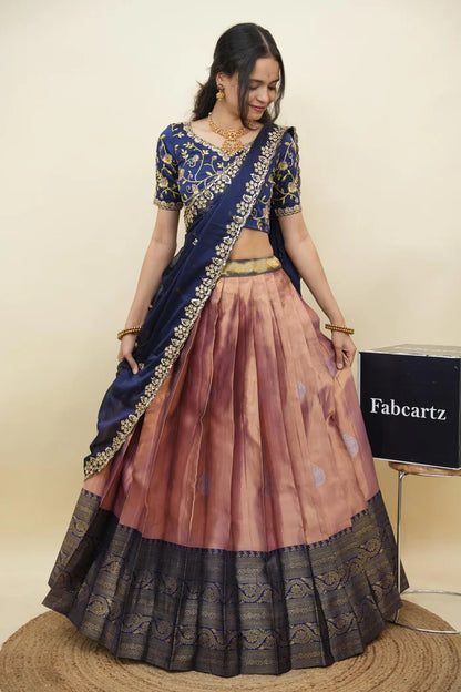 Beautiful South Indian Style Half Saree with Embroidery Work Blouse and Dupatta for Women | Ekta KV
