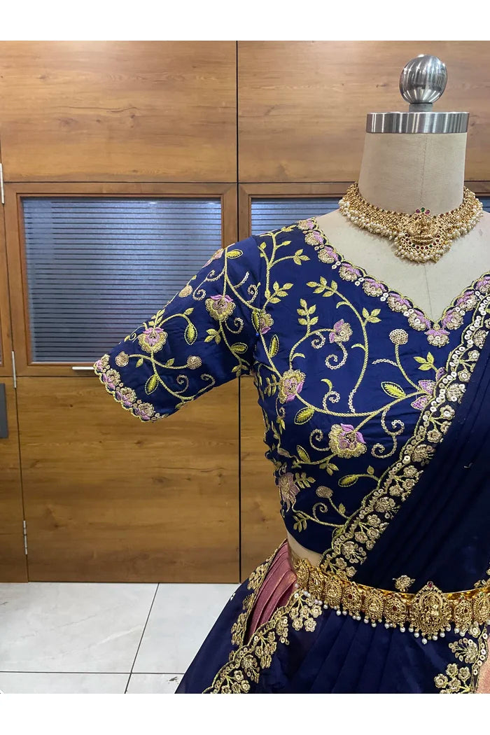 Beautiful South Indian Style Half Saree with Embroidery Work Blouse and Dupatta for Women | Ekta